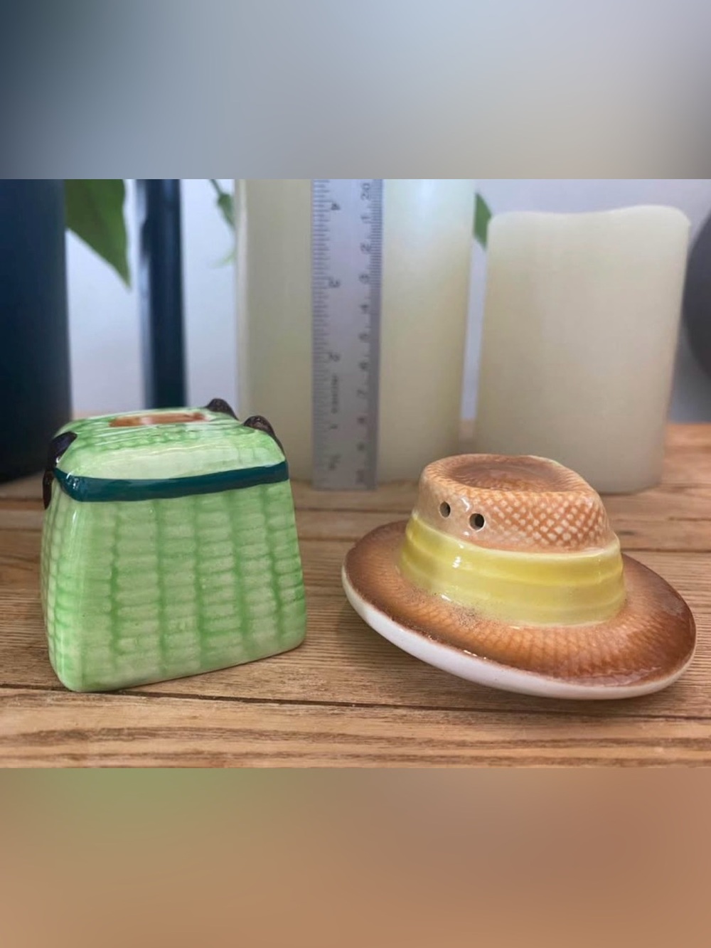 Vintage PY Japan Ceramic Fishing Basket & Straw Hat Salt and Pepper Shakers Set